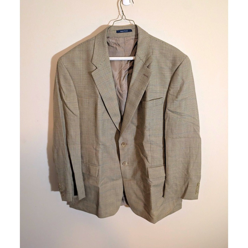 Chaps Ralph Lauren Blazer Mens 46R Beige Plaid Wool Tweed 2 Button Notch Vent